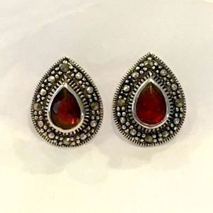 Faceted Garnet Marcasite Sterling Silver Teardrop Earrings
